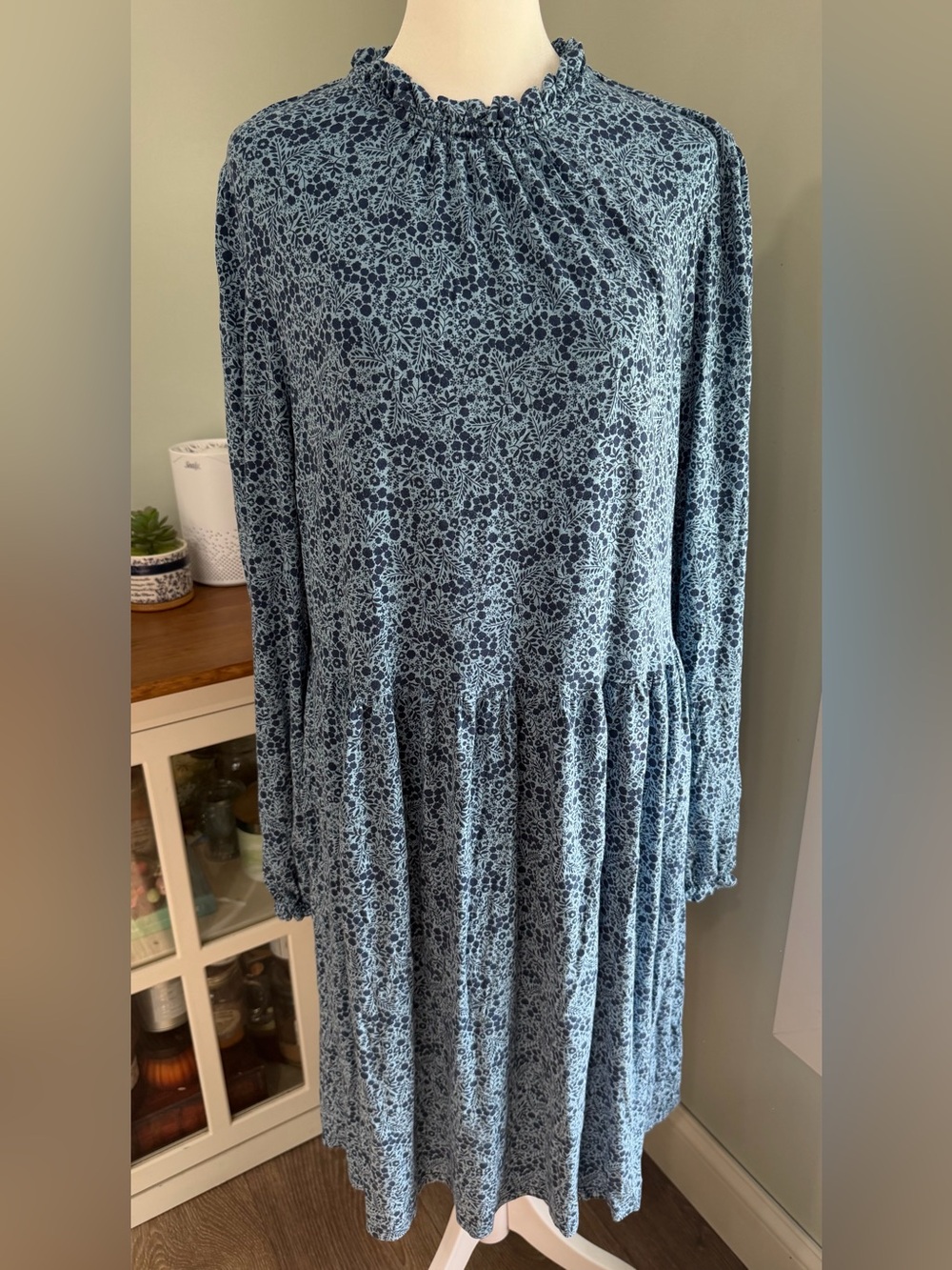 Boden Blue Floral Clara Jersey Knit Dress Long Sleeve Pockets Stretch Size US14R